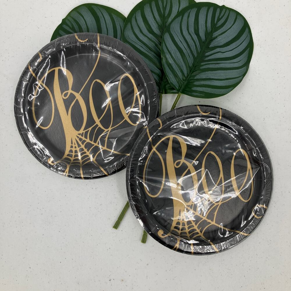 Unique Heavy Duty Gold Black Halloween Boo Spider Web Round Paper Party Plate